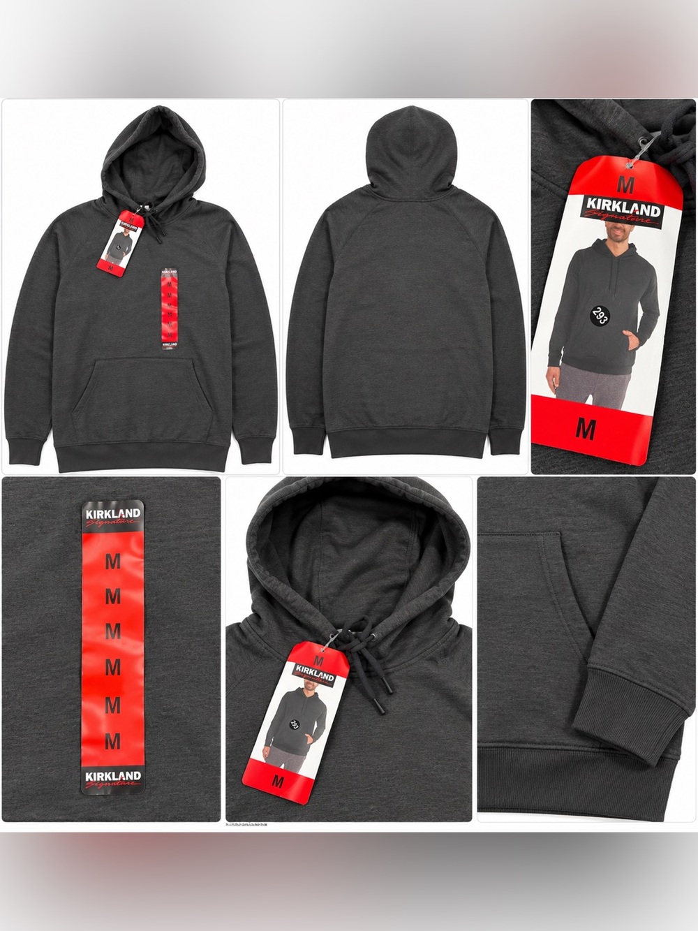 Kirkland Signature Mens Logo Hoodie Charcoal Gray Heather Pullover Sweatshirt M